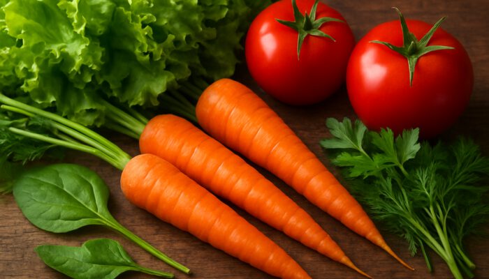 A vibrant close-up of fresh carrots, tomatoes, greens, and herbs on rustic wood for soup.