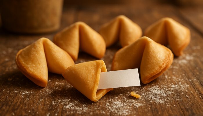 Homemade fortune cookies with custom messages on rustic wooden table