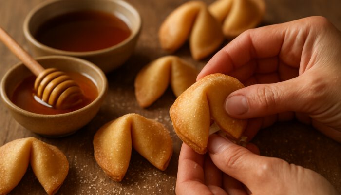 Close-up of golden fortune cookies folded with caster sugar beside honey and maple syrup on wood.