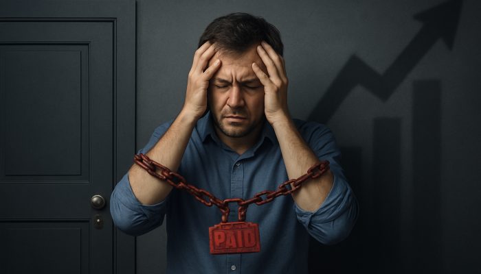 How Missed Payments Impact Future Loan Opportunities: Consequences in the UK | DCL Stressed borrower feeling trapped by missed payments, facing locked mortgage and loan opportunities with rising insurance costs