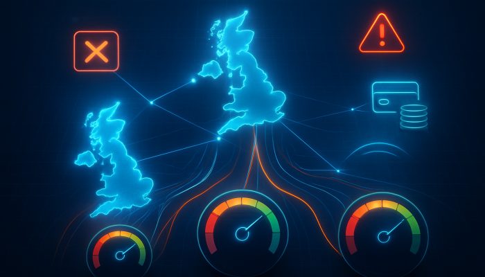 How Missed Payments Impact Future Loan Opportunities: Consequences in the UK | DCL Futuristic digital connections among UK credit agencies Experian, Equifax, and TransUnion with score meters and payment notifications