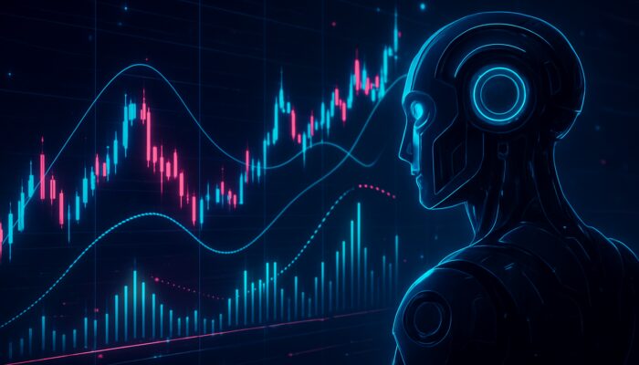 Futuristic cyberpunk AI trading bot analysing neon mean reversion stock charts.