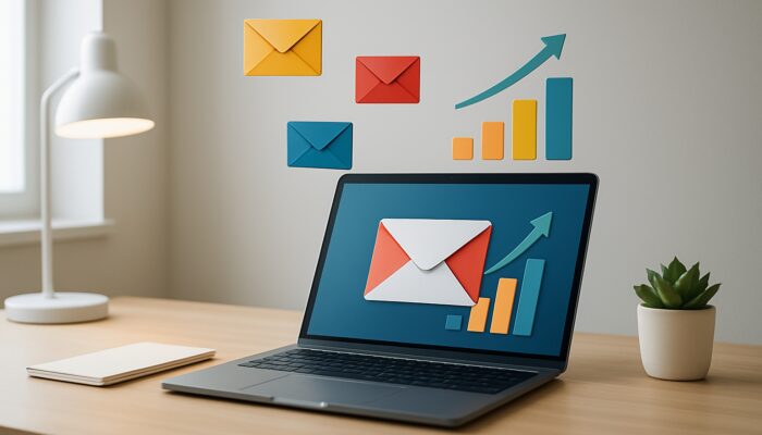 Minimalist workspace with laptop showing email campaign dashboard and floating envelopes
