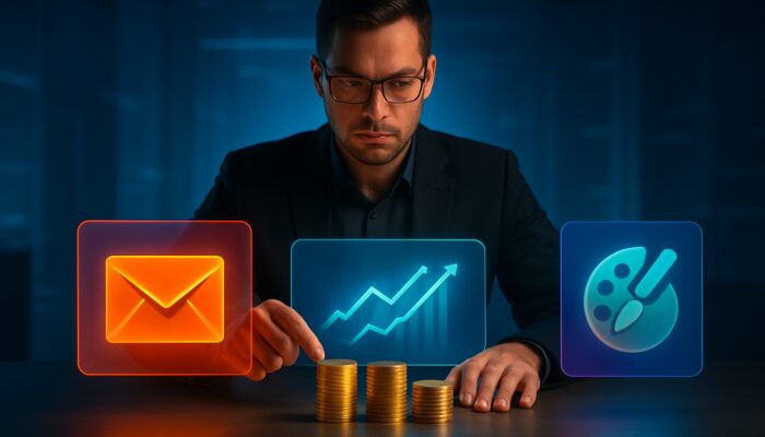 Futuristic marketer allocating golden coins to email designs, analytics dashboards, and creative tools on sleek desk