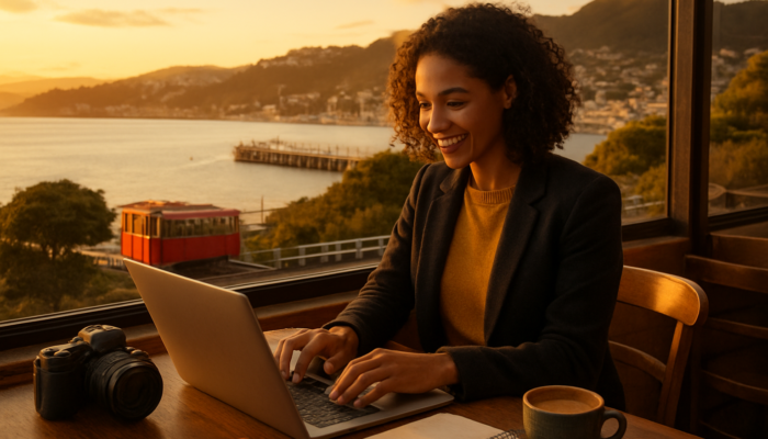 Entrepreneur creating social media content on a laptop in a cosy Wellington waterfront café at sunset
