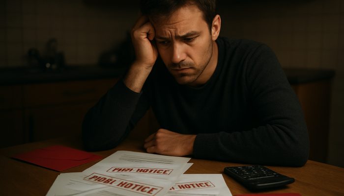 Concerned individual at dim table with overdue gas, electricity and water bills stamped final notice