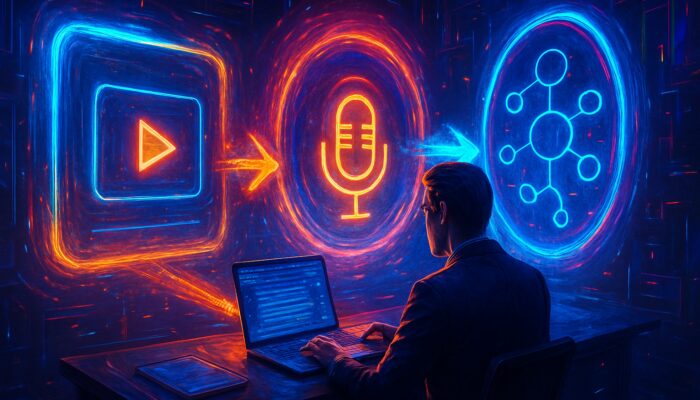 Cyberpunk strategist repurposing article into videos podcasts infographics via glowing portals in futuristic workspace
