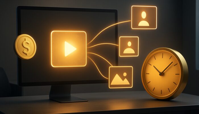 Sleek digital studio with central content transforming into videos, ads, and posts amid golden coins and clocks.