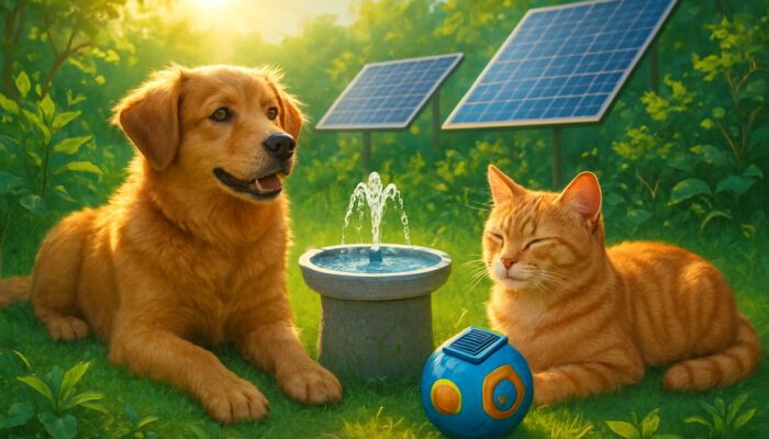 Dog and cat enjoying solar-powered pet gadgets in a sunny eco-friendly garden filled with solar panels.