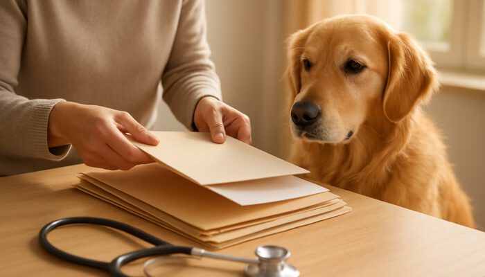Owner organising vaccination records for golden retriever on a sunlit table with a stethoscope nearby