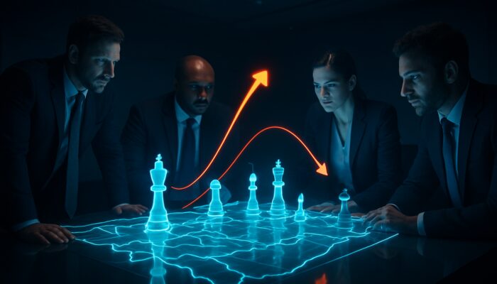 Business strategists analysing holographic competitor maps and chess pieces in a sleek war room.