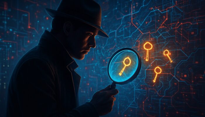 Digital detective uncovers competitor keyword gaps with glowing magnifying glass in cyber landscape
