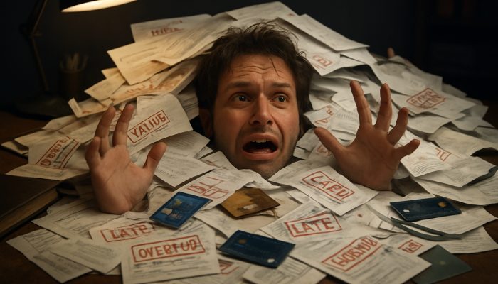 Signs You Have Too Many Separate Debts: Spot Key Indicators | DCL Person overwhelmed by chaotic pile of overdue bills and loan papers on a cluttered desk