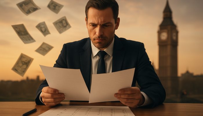 UK professional reviewing merged debt plan at desk with calendar, pound notes and Big Ben silhouette