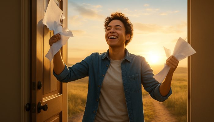 Individual breaking free from debt, stepping into a bright future.
