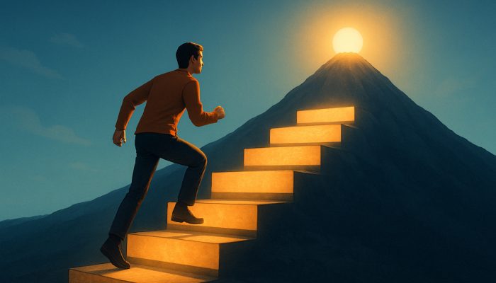 Individual stepping on stones labelled emergency fund and holiday savings towards financial independence.