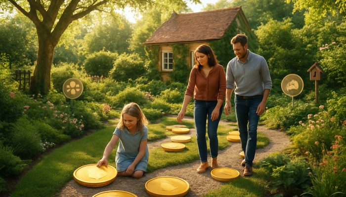 Aligning Money Choices With Your Key Values: Practical Advice | DCL A UK family guiding golden coins through a sunlit sustainable cottage garden toward family and community icons.