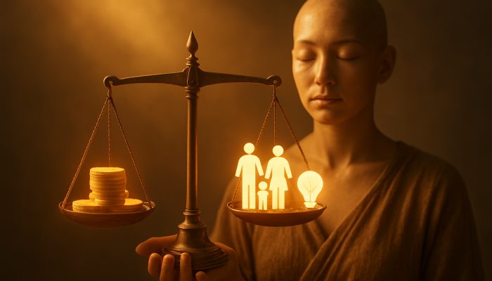 Aligning Money Choices With Your Key Values: Practical Advice | DCL A serene figure balancing glowing coins against icons representing family, nature, and creativity on a golden scale.