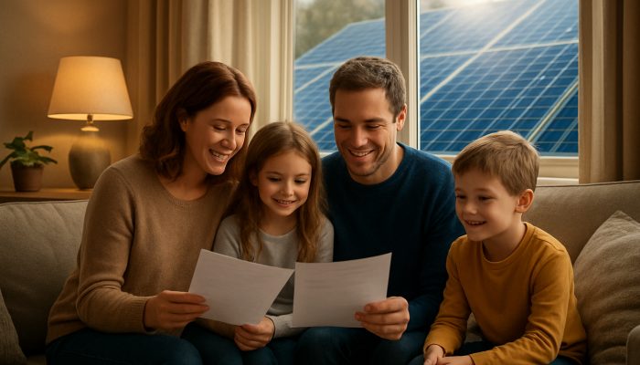 A British family reviews renewable energy fund documents in a cosy living room with glowing solar panels visible outside.