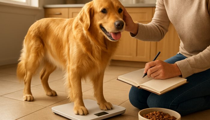 Owner weighs energetic golden retriever on scales while checking coat in sunlit kitchen