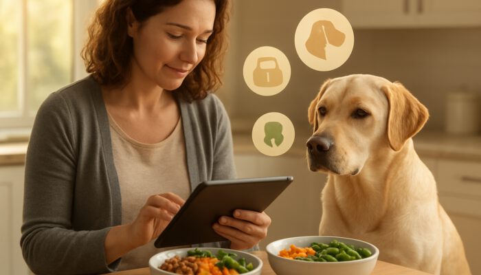 Owner reviews Labrador health data on tablet next to personalised nutrition bowls in kitchen