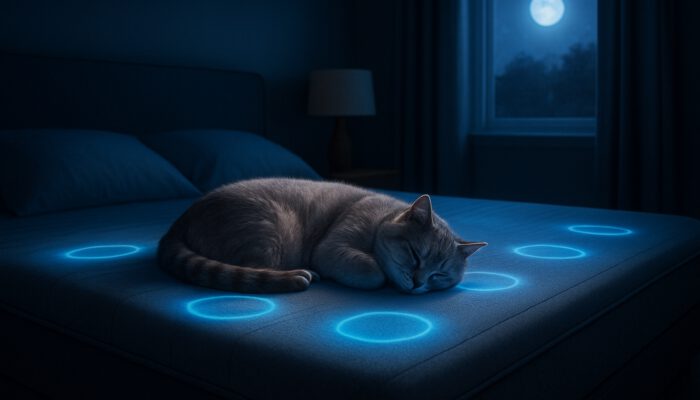 Calm pet sleeping on a sleek smart bed with glowing sensors in a moonlit bedroom
