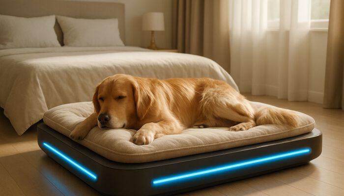 Golden retriever relaxing on a sleek temperature-controlled pet bed featuring cooling panels in a modern bedroom