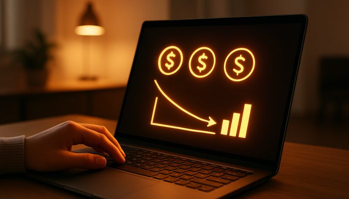 Setting up Automatic Extra Payments: Your Complete Guide | DCL Hands configuring automatic extra payments on laptop, shrinking debt graph in modern office