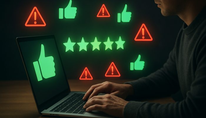 Setting up Automatic Extra Payments: Your Complete Guide | DCL Person at laptop reviewing glowing Trustpilot feedback with green thumbs-ups and red warning icons for banking reliability.