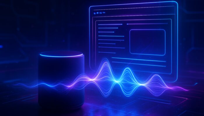 Cyberpunk voice assistant emitting glowing sound waves to holographic website interface for voice search SEO.