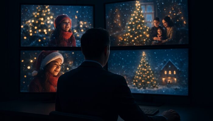 Strategist reviewing competitors' festive holiday video campaigns and metrics on illuminated screens in a dark room.