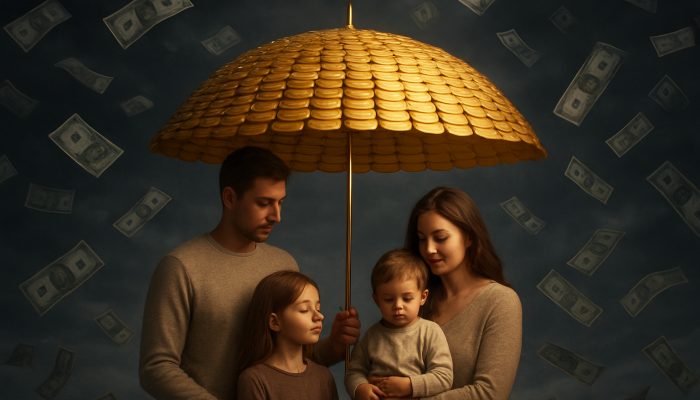 Family under glowing gold coin umbrella shielding from dark storm clouds of unexpected bills, symbolising emergency savings.