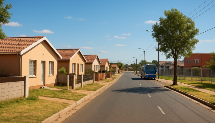 Vibrant suburban street in Springs, South Africa, with modest entry-level homes near schools and shopping centres.