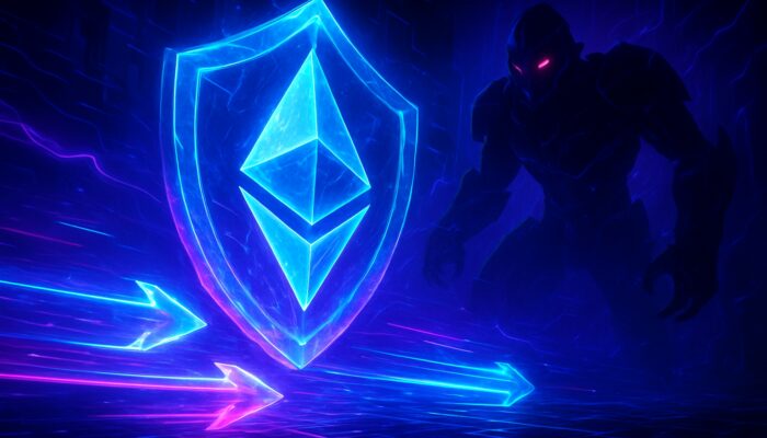 Futuristic arena with glowing Ethereum transactions protected by crystalline barriers from shadowy MEV bots in vibrant neon hues.