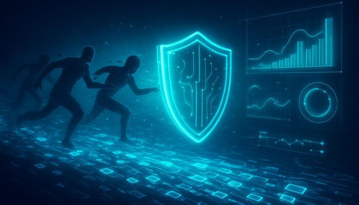 Digital shield obstructing MEV front-runners from blockchain transactions with holographic resilience metrics in vibrant neon.
