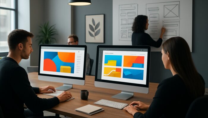 Talented Marlborough design studio experts creating dynamic WordPress websites on illuminated screens.
