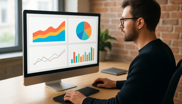 Web designer analysing Google Analytics data with colourful KPI charts in Marlborough office