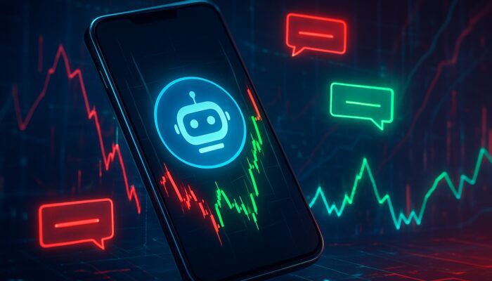 Sleek smartphone showcasing Telegram bot trading alerts with flashing green-red charts in cyberpunk style.