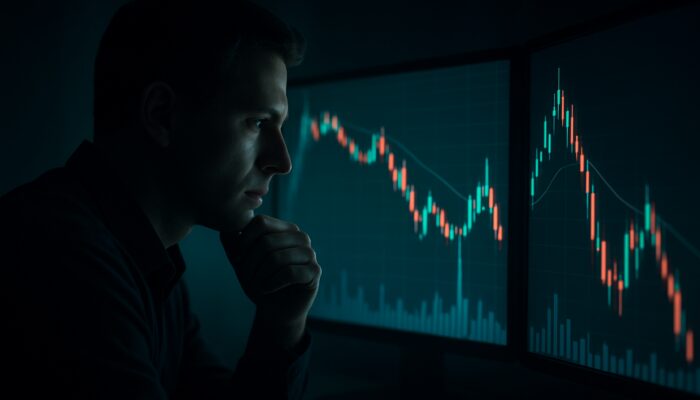 Focused trader analysing candlestick charts, moving averages, and volume spikes for market reversals on multiple screens