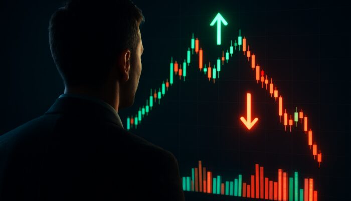Trader analysing a glowing footprint chart with delta divergence arrows and volume clusters on a dark screen.