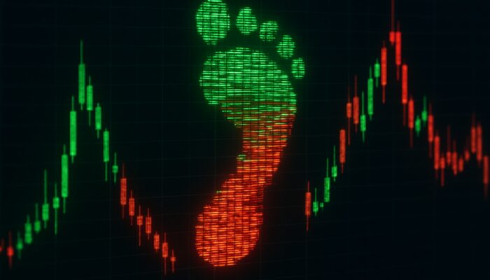 Illuminated footprint chart on a trading terminal showcasing green and red buyer-seller volume blocks.