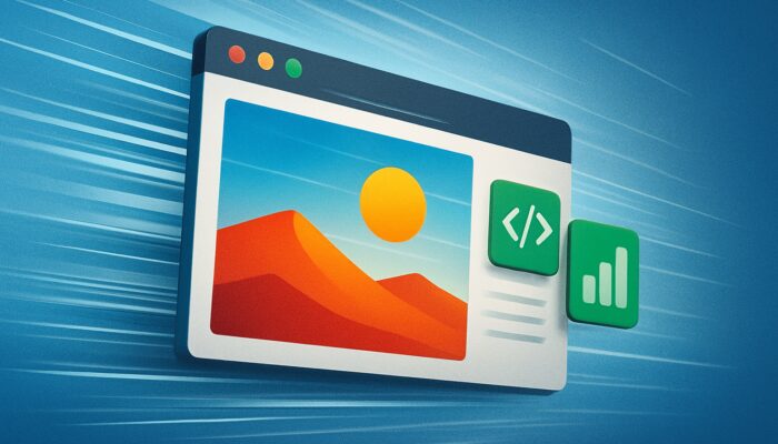 Browser displaying rapid hero image load with speed lines, code icons, and green metrics.