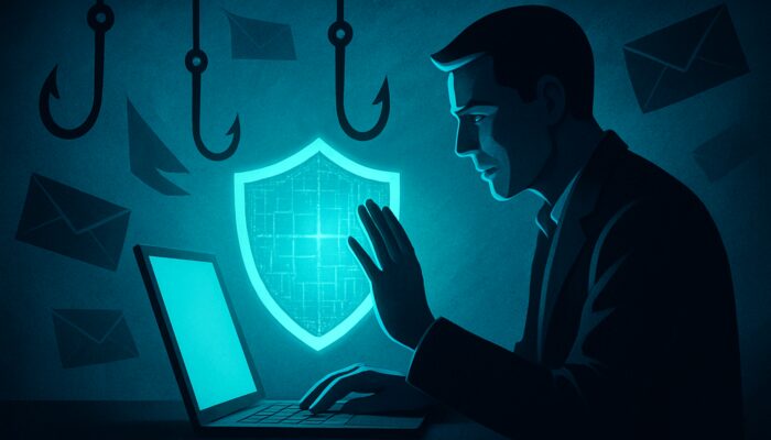 Professional protecting against phishing emails with a digital shield on a glowing laptop, promoting cybersecurity awareness