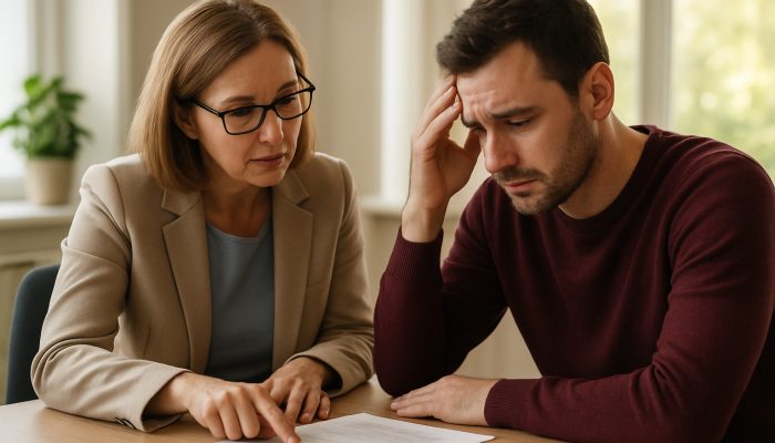 Individual reviewing financial documents with a credit union advisor in a well-lit office environment