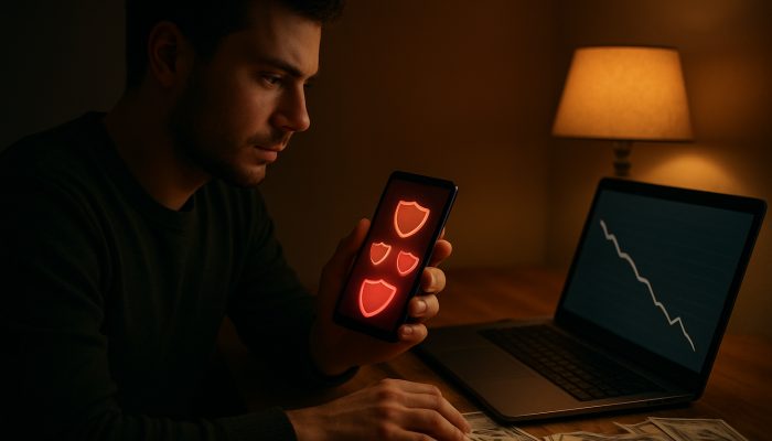 Blocking Apps and Sites During a Debt Plan: Essential Advice | DCL Focused individual blocking shopping applications on mobile device while analysing debt repayment chart on laptop surrounded by bills