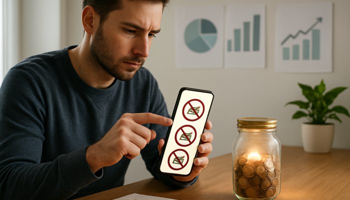 Blocking Apps and Sites During a Debt Plan: Essential Advice | DCL Concentrated user configuring mobile app to block retail sites while nearby glowing savings jar and debt charts